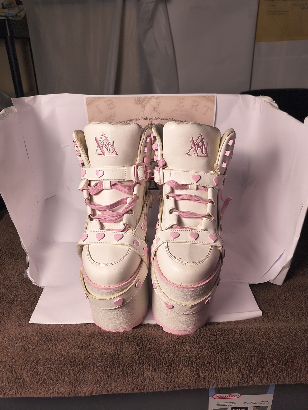 YRU Qozmo Bondage Heart White Pink Platform Sneakers Size 10 Rave Kawaii